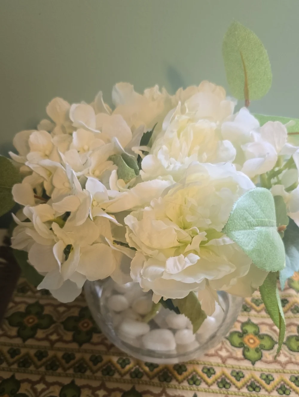 White Artificial Peony & Hydrangea Arrangement in Glass Vase - Home Accents New